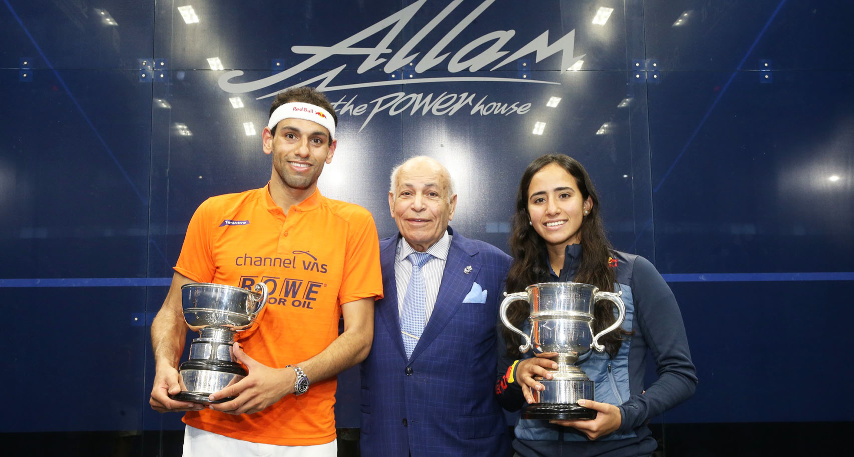 Mohamed ElShorbagy, Dr Allam and Nouran Gohar at the Allam British Open 2019